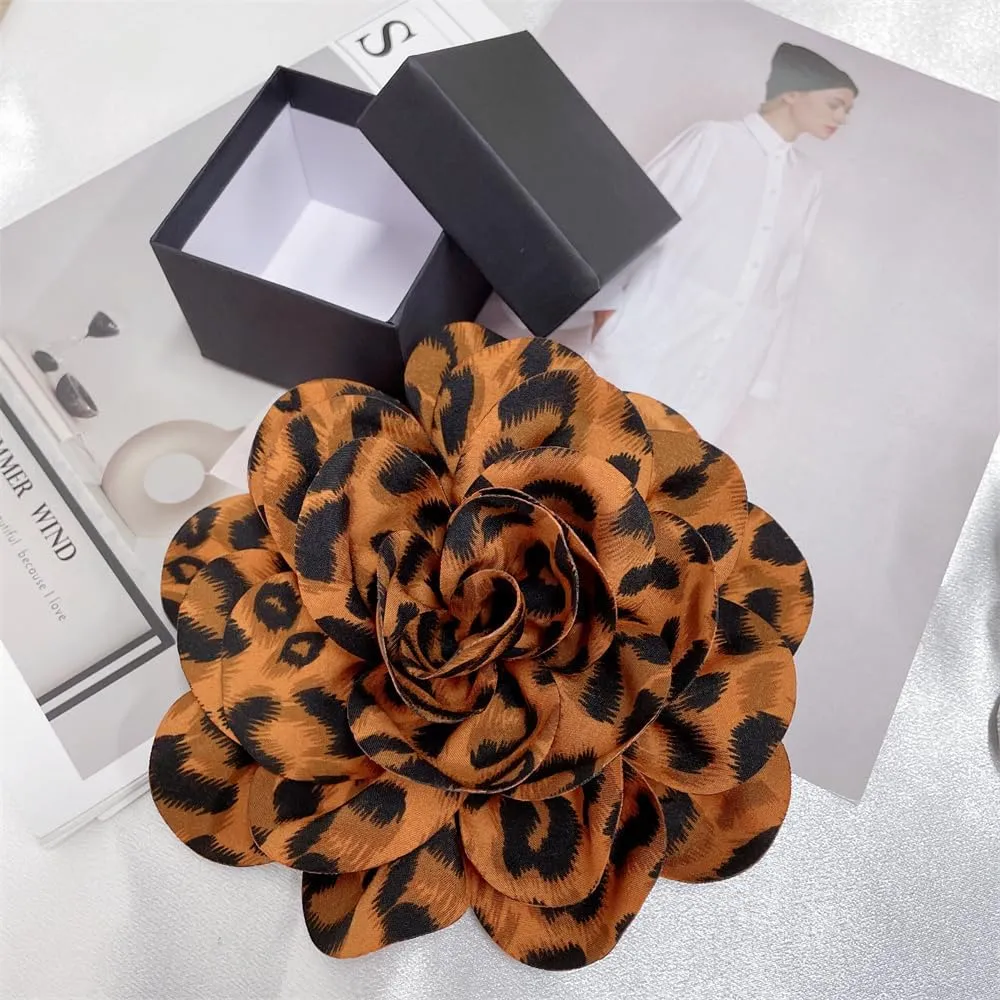 Dainty Fabric Leopard Rose Flower Large Brooch Lapel Pins Handmade Big Flower Brooches Pin Classic for Women Wedding Party Dance Banquet Dress Suit Clothes Accessories Jewelry Gifts 190mm