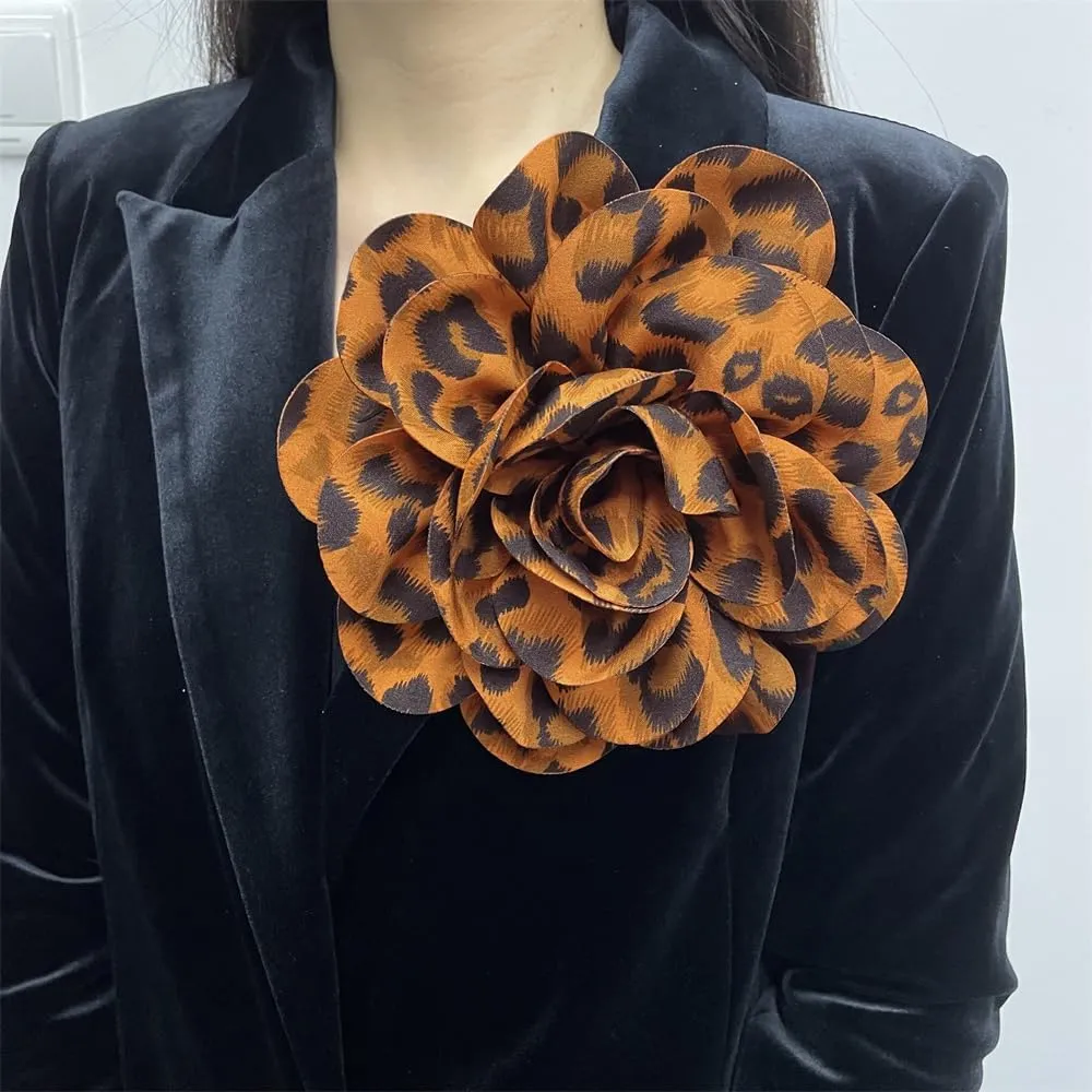 Dainty Fabric Leopard Rose Flower Large Brooch Lapel Pins Handmade Big Flower Brooches Pin Classic for Women Wedding Party Dance Banquet Dress Suit Clothes Accessories Jewelry Gifts 190mm
