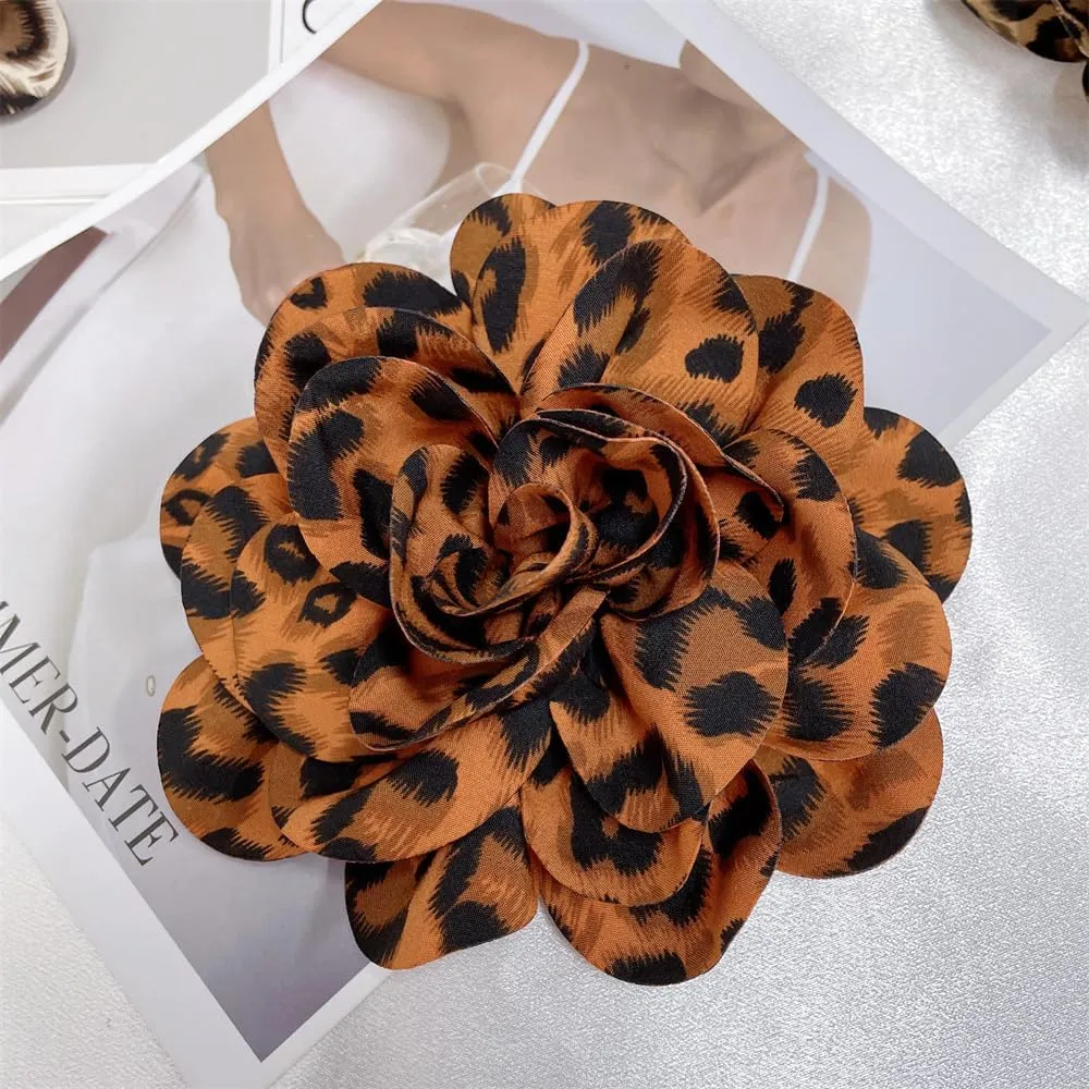 Dainty Fabric Leopard Rose Flower Large Brooch Lapel Pins Handmade Big Flower Brooches Pin Classic for Women Wedding Party Dance Banquet Dress Suit Clothes Accessories Jewelry Gifts 190mm