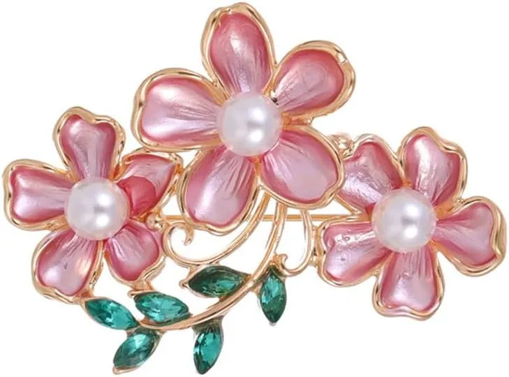 Dainty Flower Brooch Pin for Women Pearl Crystal Three Florals Leaf Lapel Pins Clothing Dress Shirt Jacket Accessory for Wedding Prom Party Elegant Jewelry