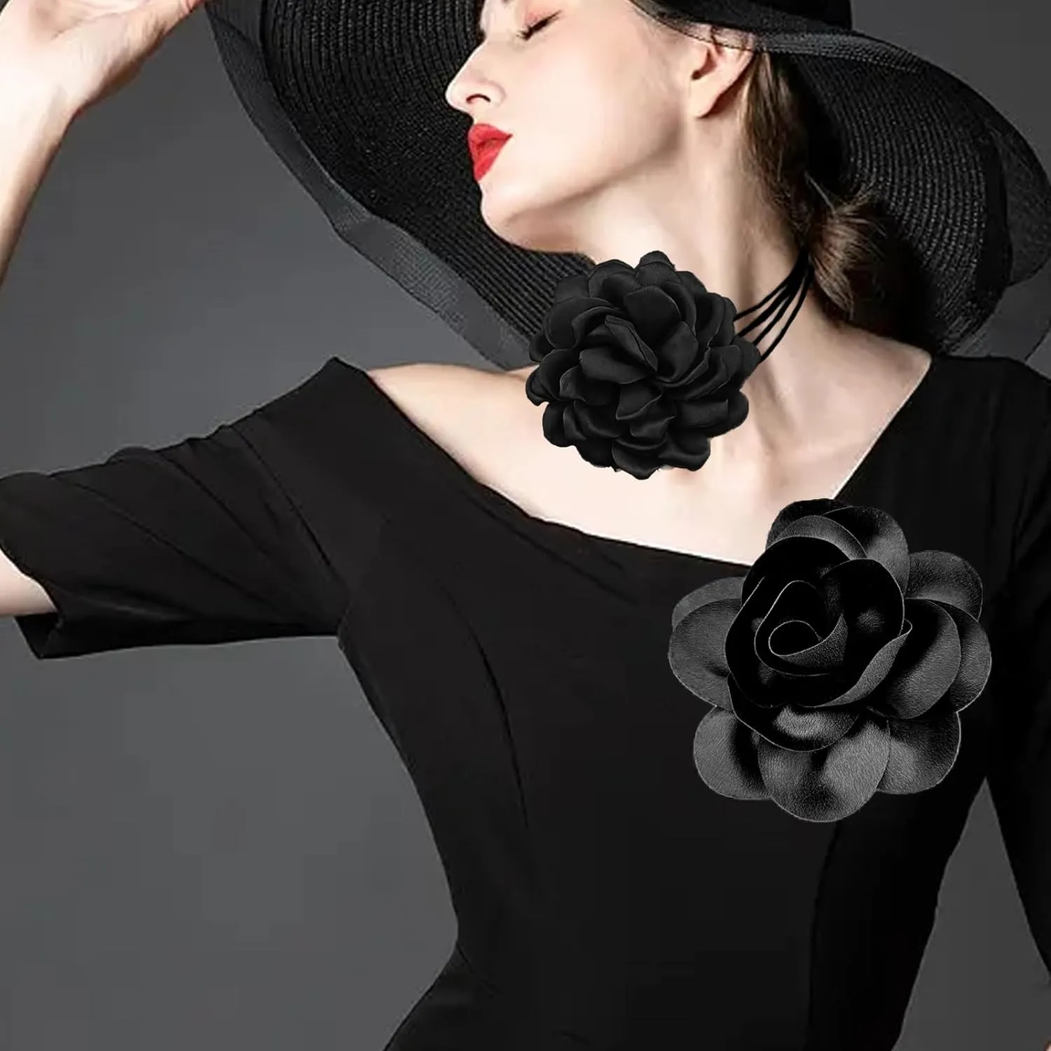Dainty Satin Rose Flower Brooches Flower Choker Necklace for Women Camellia Floral Brooches Lapel Pins Big Floral Chokers for Wedding Dance Dress Clothes Accessories