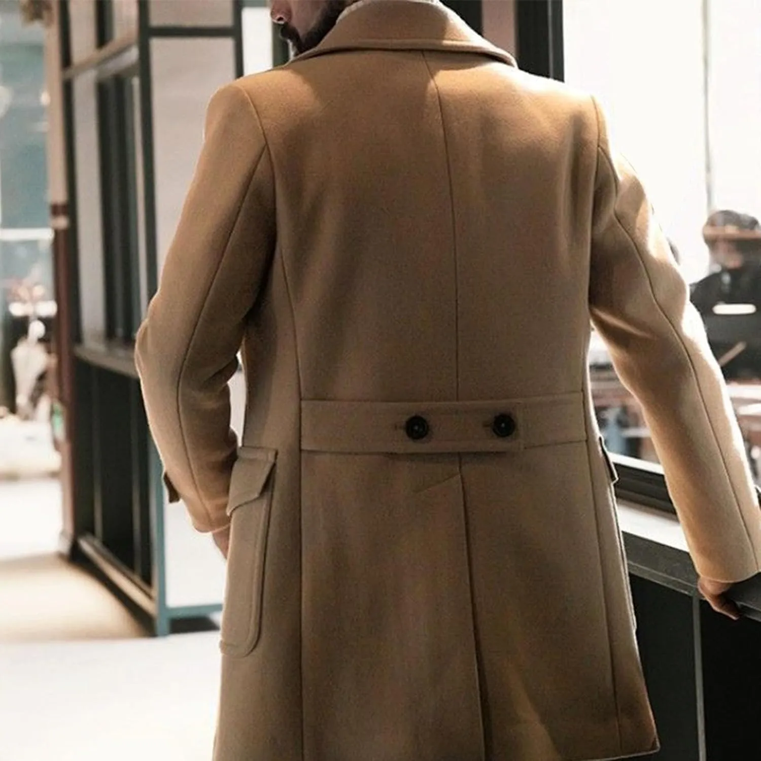 Dgoopd Men's Double Breasted Trench Coat Wool Blend Coat Notch Lapel Jacket Mid Length Pea Coat Fall Winter Jacket