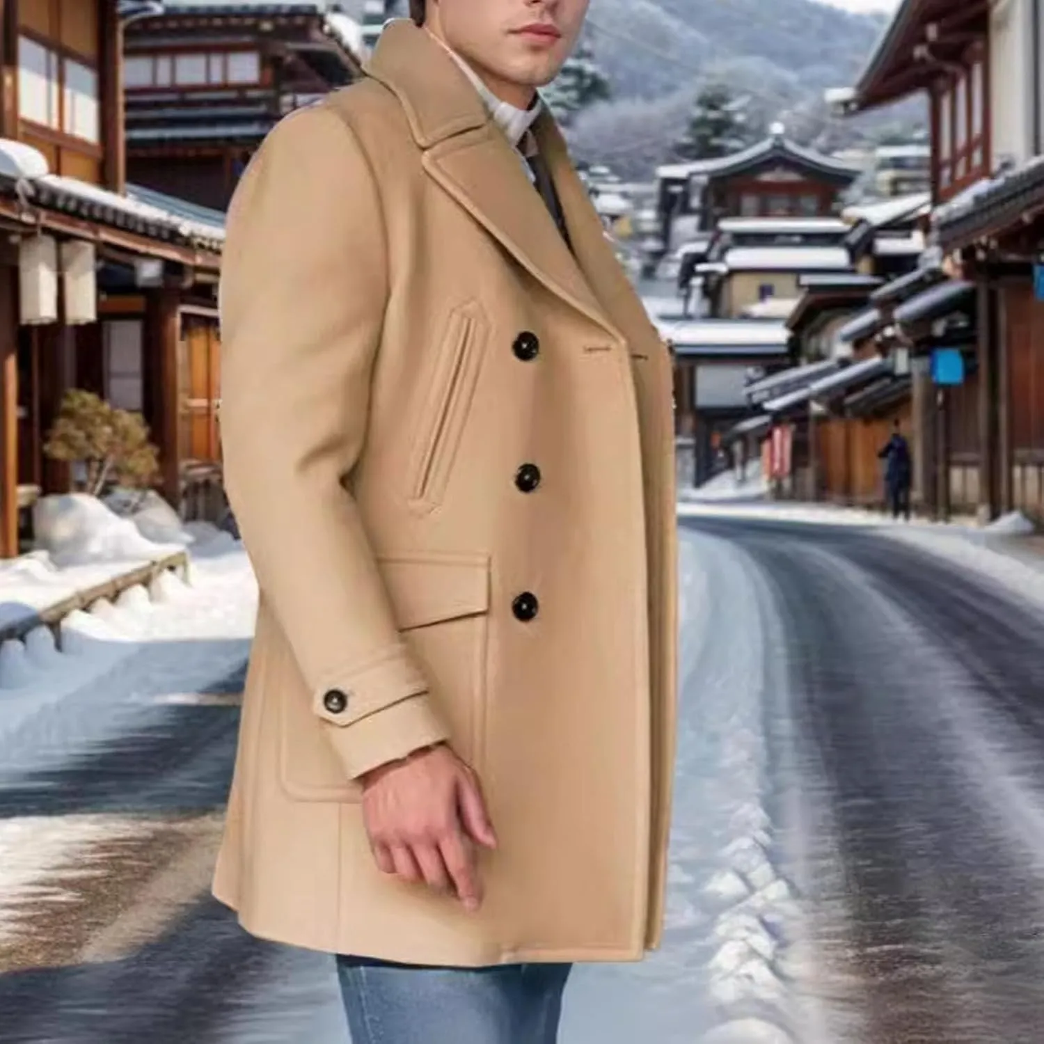 Dgoopd Men's Double Breasted Trench Coat Wool Blend Coat Notch Lapel Jacket Mid Length Pea Coat Fall Winter Jacket
