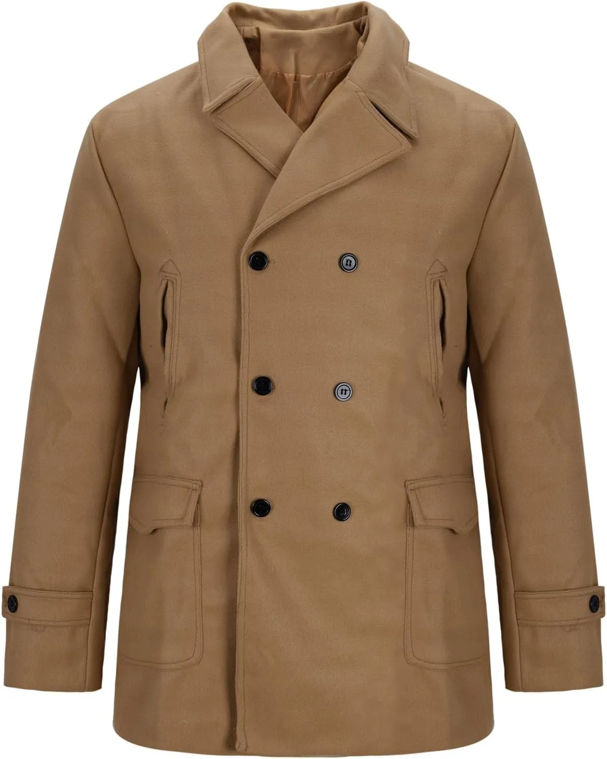 Dgoopd Men's Double Breasted Trench Coat Wool Blend Coat Notch Lapel Jacket Mid Length Pea Coat Fall Winter Jacket