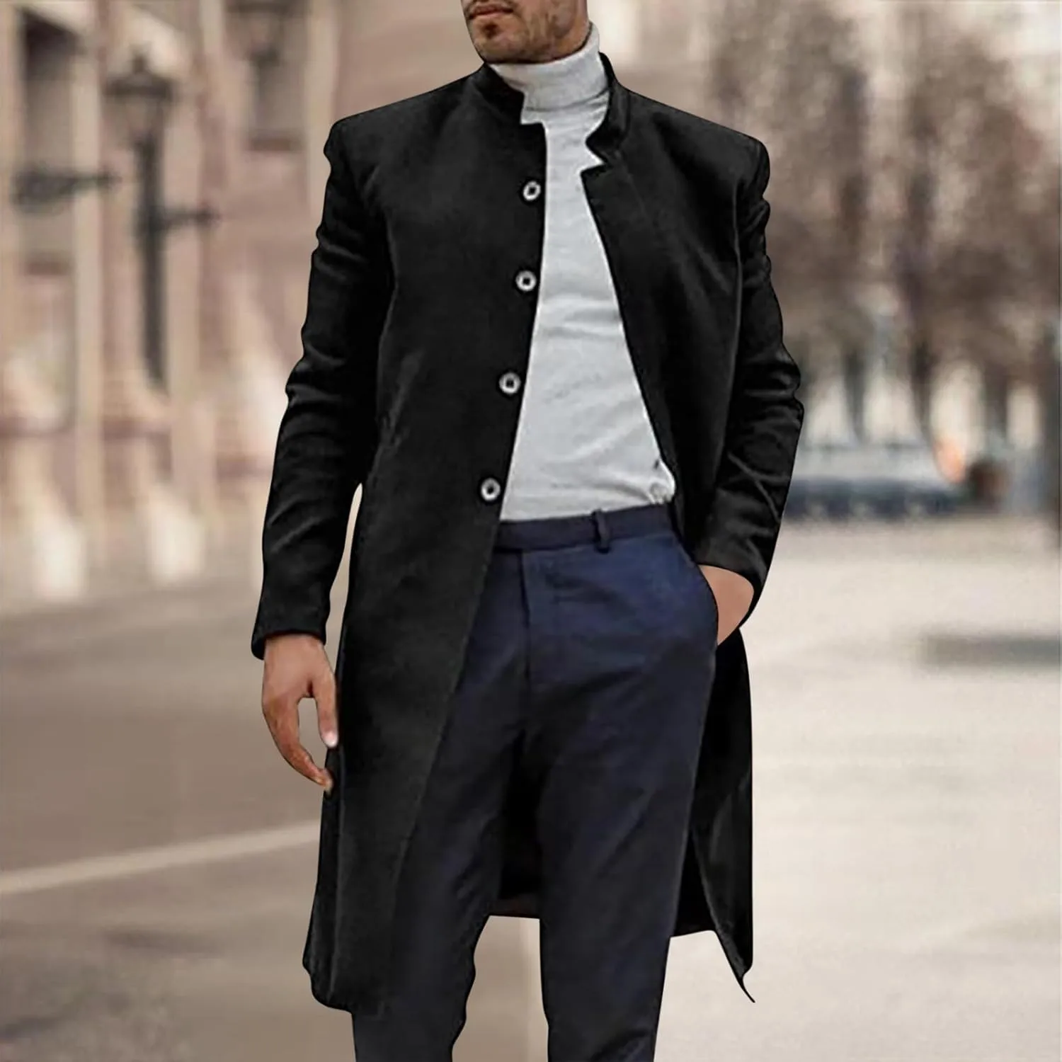Dgoopd Mens Trench Coat Wool Blend Coat Open Front Cardigan Notch Lapel Jacket Business Casual Coat Long Pea Coat