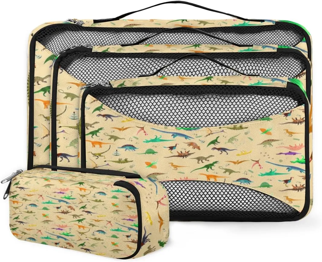 Dinosaur 4 Piece Packing Travel Organizer Cubes Set Mesh Fabric Ventilate Design Lightweight Travel Accessories 4 Sizes (Extra Large, Large, Medium, Small)