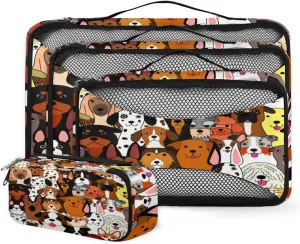Doodle Dogs Colorful 4 Piece Packing Travel Organizer Cubes Set Mesh Fabric Ventilate Design Lightweight Travel Accessories 4 Sizes (Extra Large, Large, Medium, Small)
