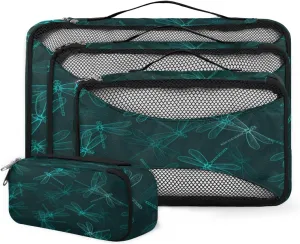 Dragonfly Print 4 Piece Packing Travel Organizer Cubes Set Mesh Fabric Ventilate Design Lightweight Travel Accessories 4 Sizes (Extra Large, Large, Medium, Small)