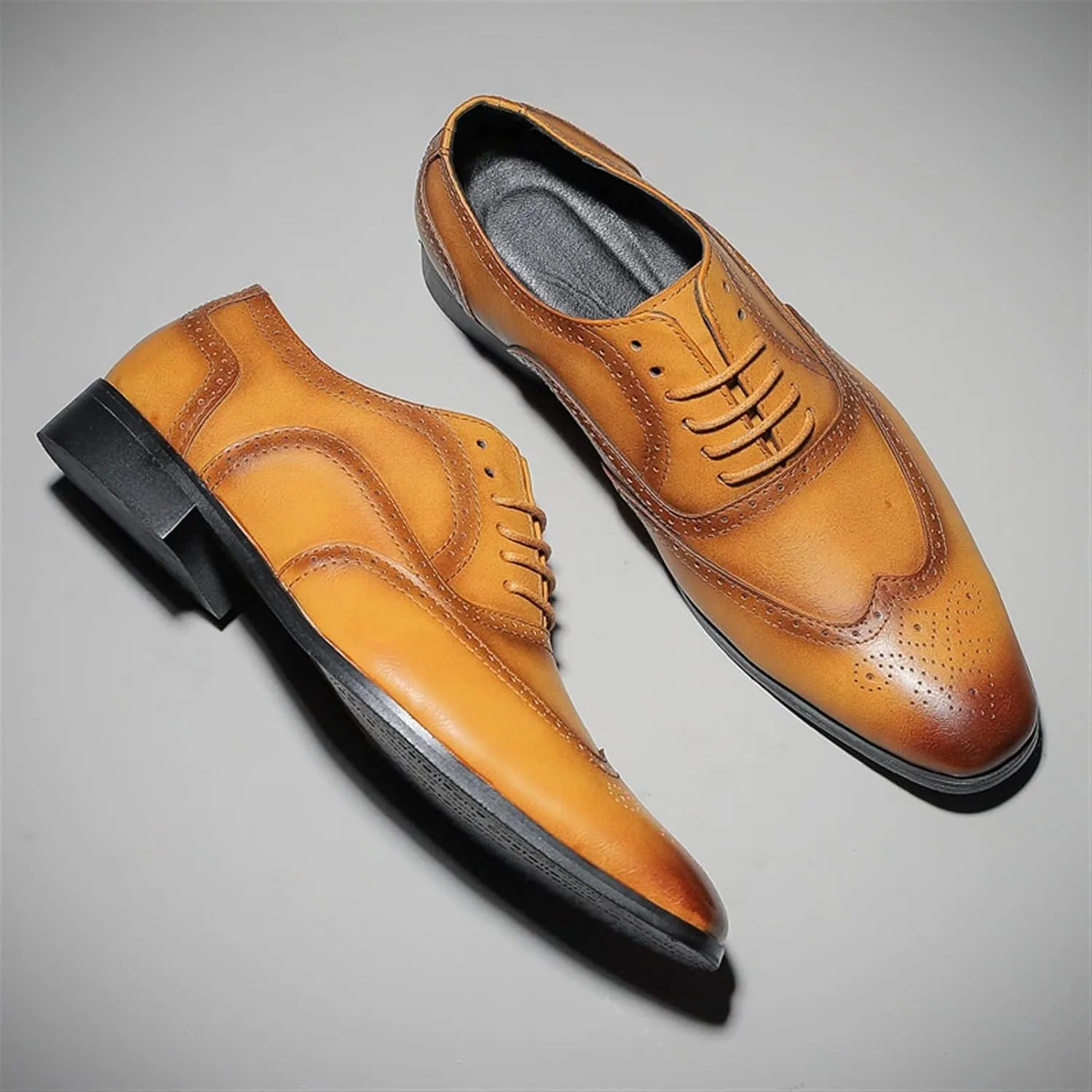 Dress Oxford Formal Shoes for Men Lace Up Brogue Embossed Burnished Wing Tip Vegan Leather Non Slip Resistant Rubber Sole Low Top Block Heel Wedding