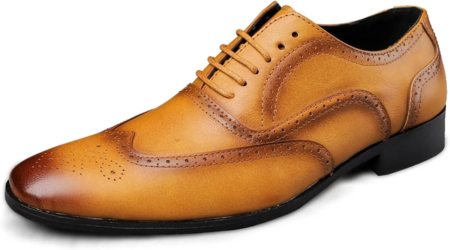Dress Oxford Formal Shoes for Men Lace Up Brogue Embossed Burnished Wing Tip Vegan Leather Non Slip Resistant Rubber Sole Low Top Block Heel Wedding