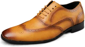 Dress Oxford Formal Shoes for Men Lace Up Brogue Embossed Burnished Wing Tip Vegan Leather Non Slip Resistant Rubber Sole Low Top Block Heel Wedding