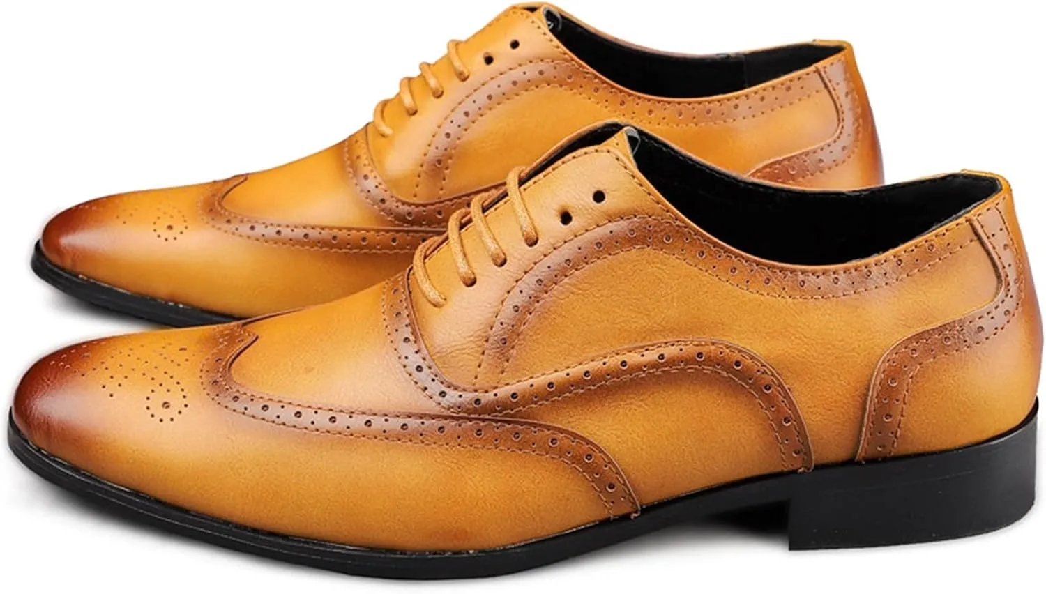 Dress Oxford Formal Shoes for Men Lace Up Brogue Embossed Burnished Wing Tip Vegan Leather Non Slip Resistant Rubber Sole Low Top Block Heel Wedding