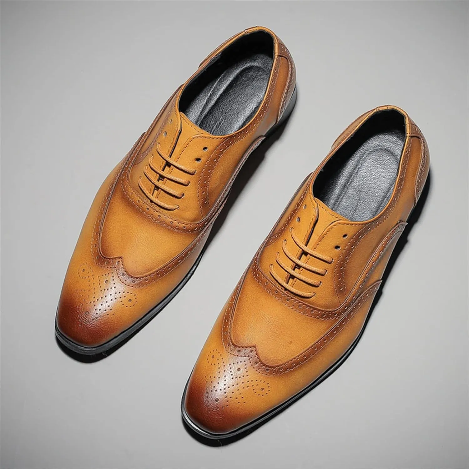 Dress Oxford Formal Shoes for Men Lace Up Brogue Embossed Burnished Wing Tip Vegan Leather Non Slip Resistant Rubber Sole Low Top Block Heel Wedding