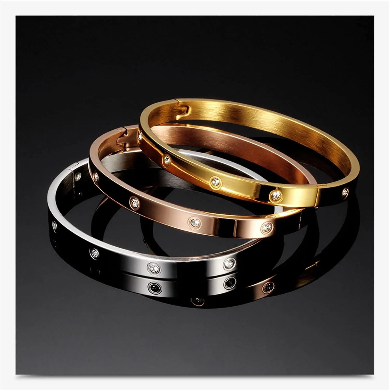 Elegant Bracelet Bangles Gift Box, 1 Silver, 1 Gold, 1 Rose Gold, Friendship Jewelry, Stainless Steel Hinged Love Bracelets with Select Cubic Zirconias.
