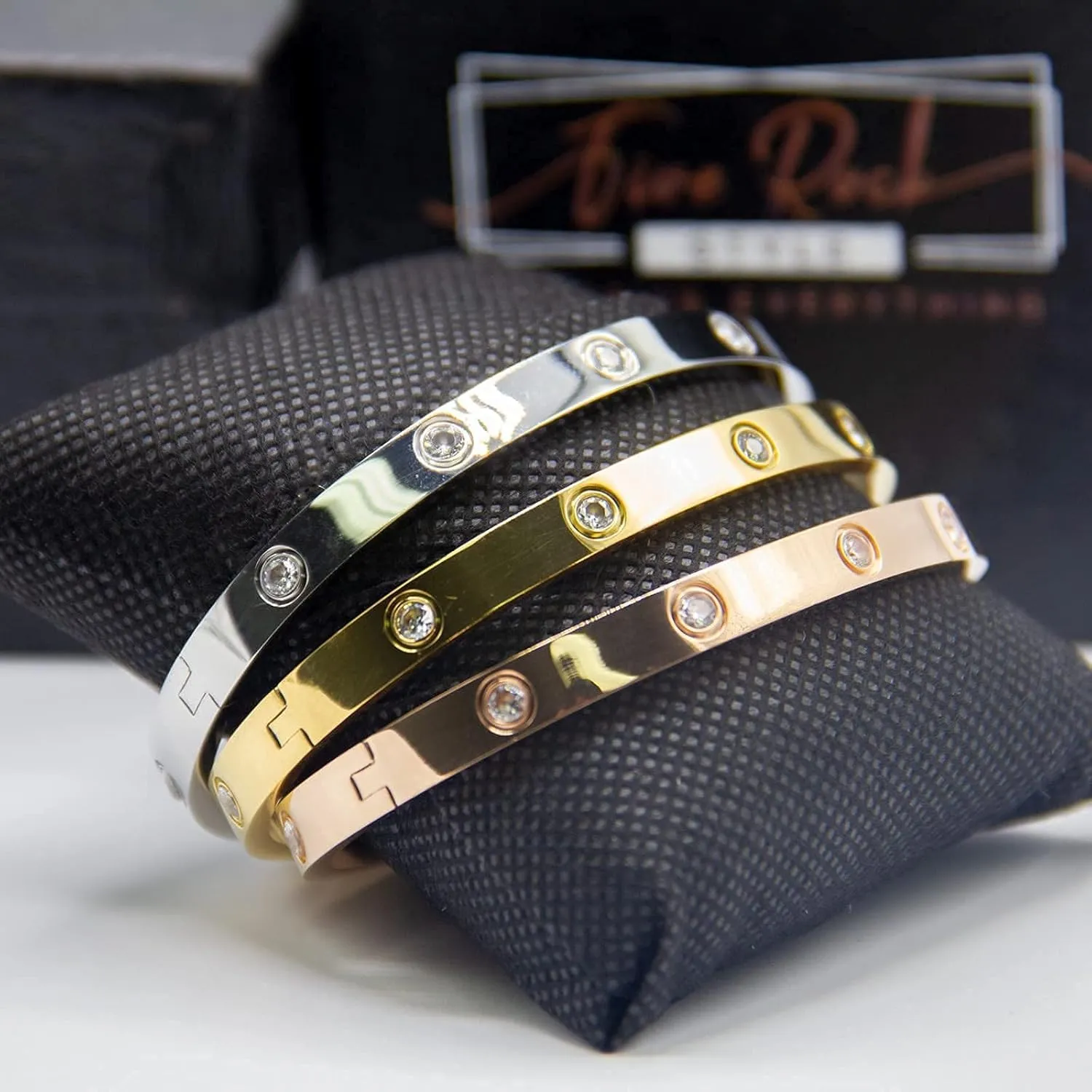 Elegant Bracelet Bangles Gift Box, 1 Silver, 1 Gold, 1 Rose Gold, Friendship Jewelry, Stainless Steel Hinged Love Bracelets with Select Cubic Zirconias.