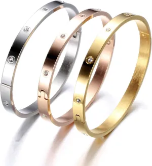Elegant Bracelet Bangles Gift Box, 1 Silver, 1 Gold, 1 Rose Gold, Friendship Jewelry, Stainless Steel Hinged Love Bracelets with Select Cubic Zirconias.