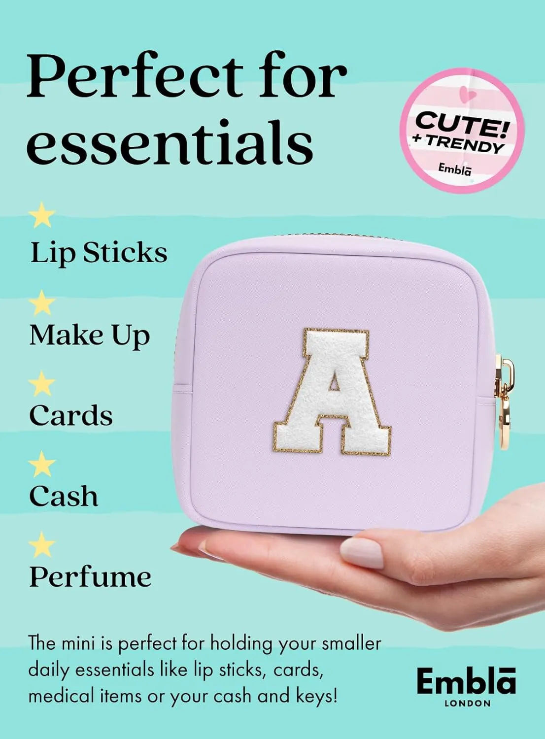 Embla Preppy Makeup Bag Travel Cosmetic Pouch, Cute Make up Case with Personalized Initial, Girls Zipper Pouch Purse Cosmetics Organizer Tote, Waterproof Travel Skincare Makeup Bag, Lilac (Letter B)