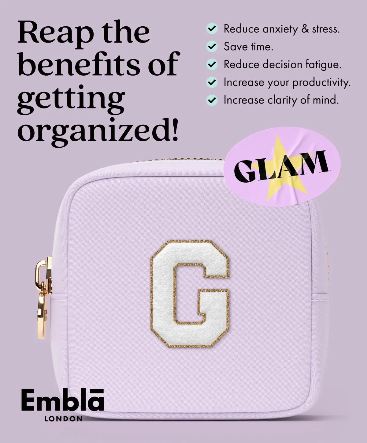 Embla Preppy Makeup Bag Travel Cosmetic Pouch, Cute Make up Case with Personalized Initial, Girls Zipper Pouch Purse Cosmetics Organizer Tote, Waterproof Travel Skincare Makeup Bag, Lilac (Letter B)