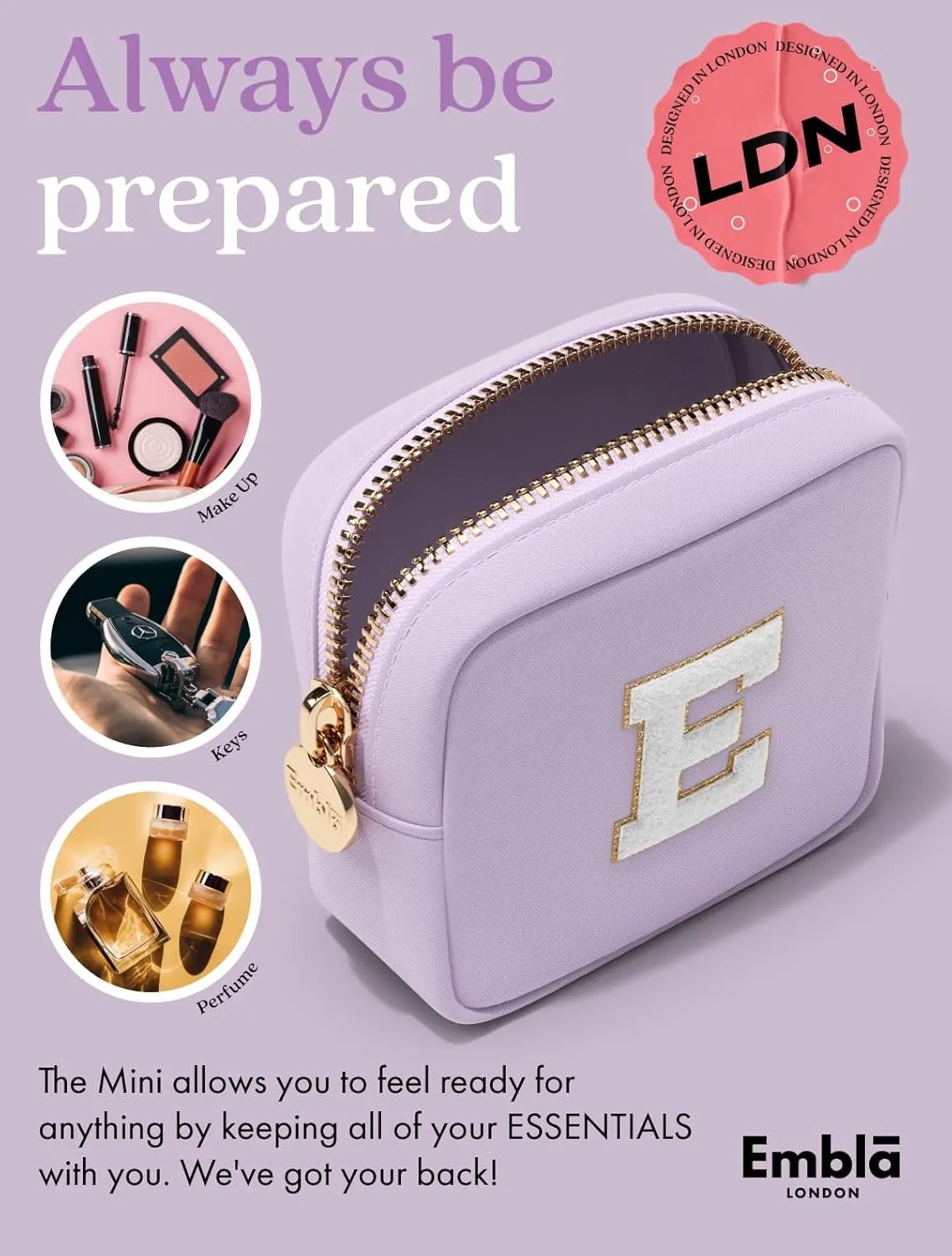 Embla Preppy Makeup Bag Travel Cosmetic Pouch, Cute Make up Case with Personalized Initial, Girls Zipper Pouch Purse Cosmetics Organizer Tote, Waterproof Travel Skincare Makeup Bag, Lilac (Letter B)