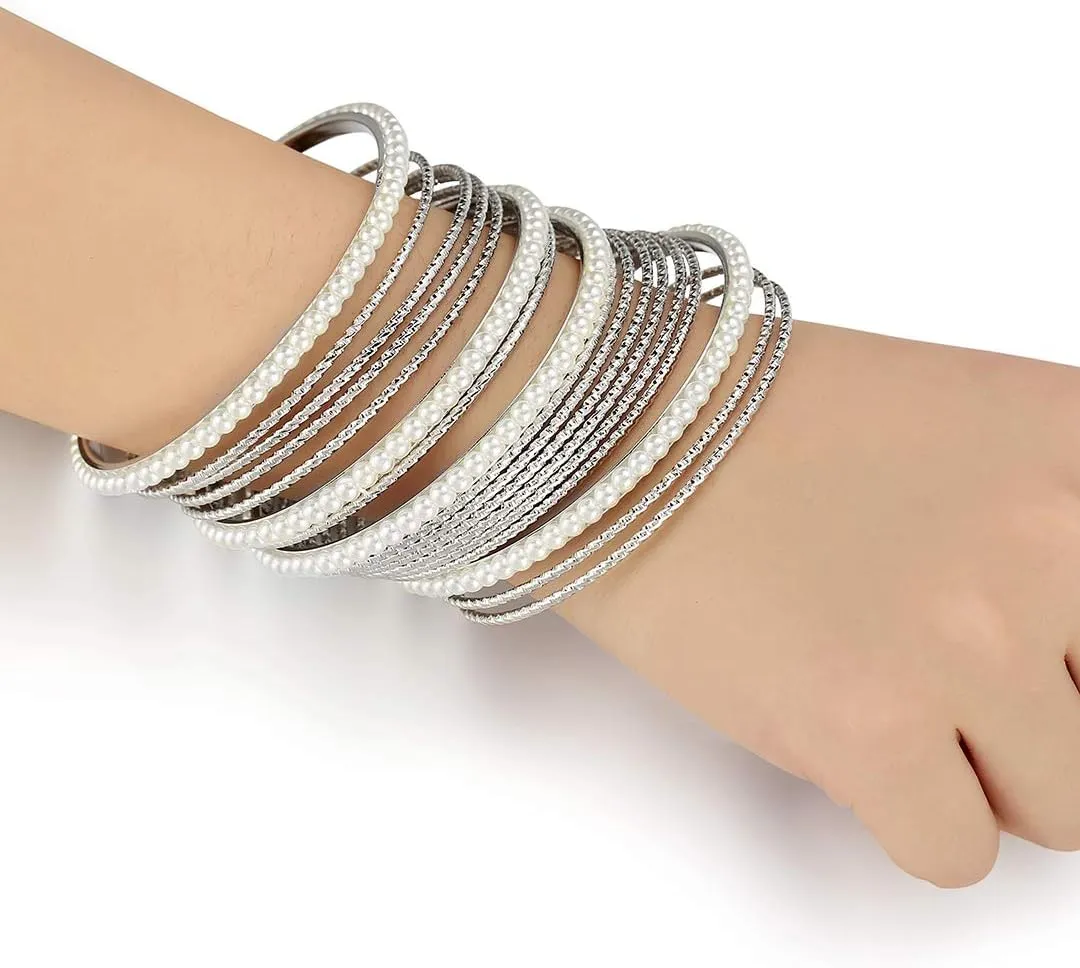 Ensoul Acrylic Pearl-Beads/Glass Seedbeads Mixed Metal Bangles Bracelets for Women Set of 17