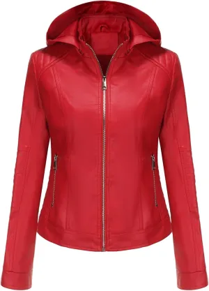 Firzero Women's Faux Leather Jacket Black Moto Biker Coats with Detachable Hood Zip Up Motorcycle Jackets Outwear