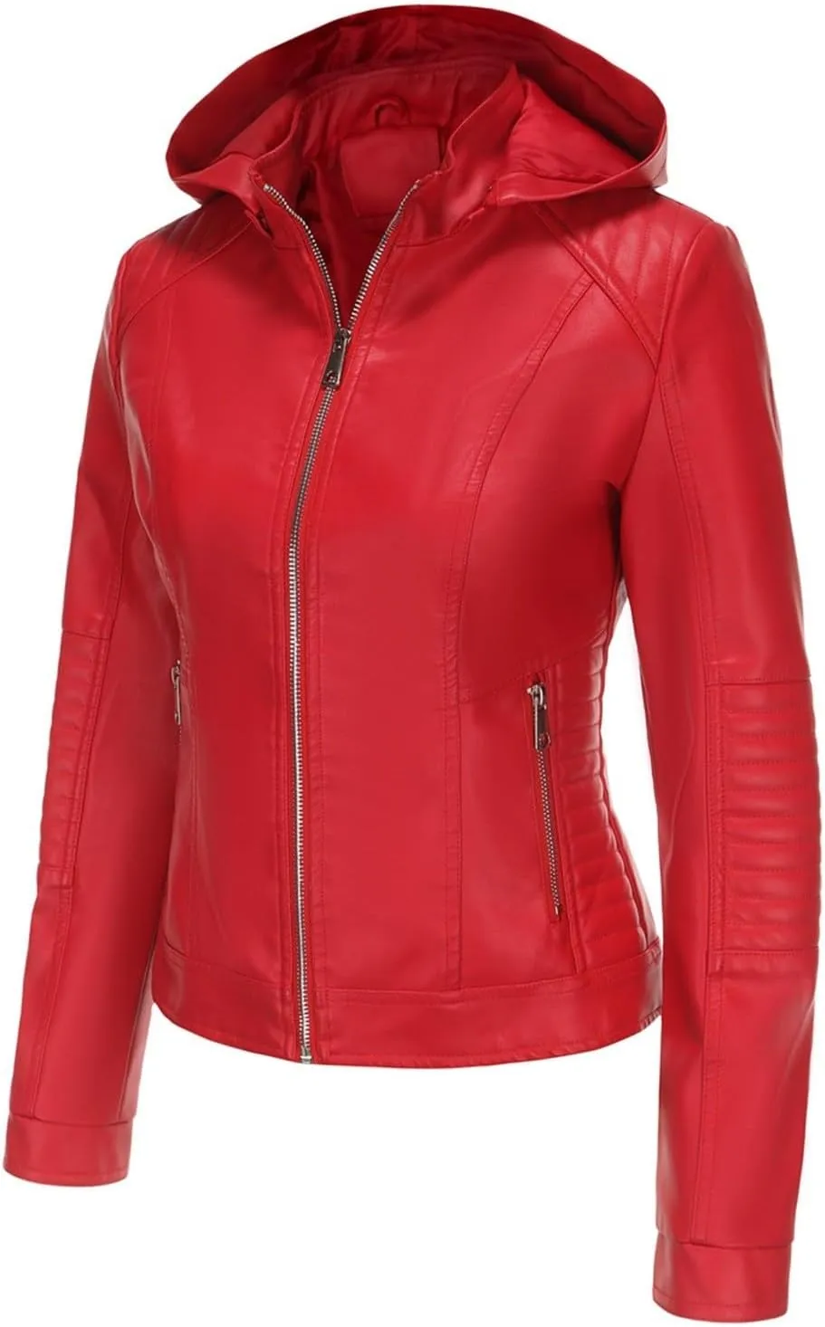 Firzero Women's Faux Leather Jacket Black Moto Biker Coats with Detachable Hood Zip Up Motorcycle Jackets Outwear
