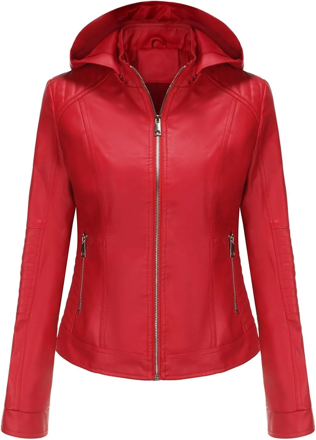 Firzero Women's Faux Leather Jacket Black Moto Biker Coats with Detachable Hood Zip Up Motorcycle Jackets Outwear