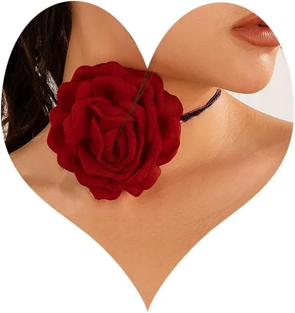 Flower Choker Necklace for Women,Velvet Big Rose Flower Choker Red Black Flower Collar Choker Vintage Valentine's Day Bride Wedding Party Summer Necklaces Jewelry