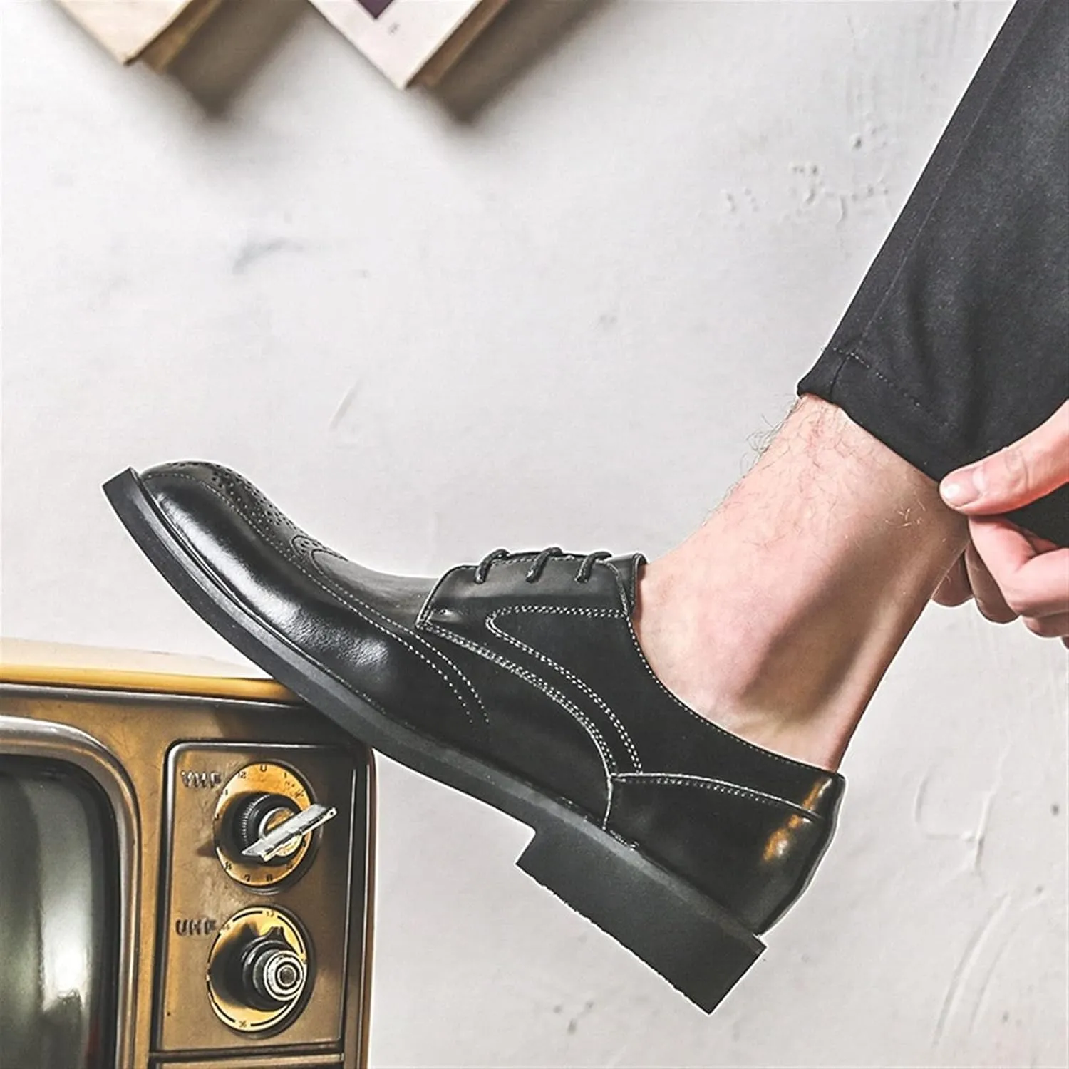 Formal Shoes Dress Oxford for Men Lace Up Wing Tip Brogue Embossed Pointed Toe Shoes Vegan Leather Non Slip Resistant Rubber Sole Wedding