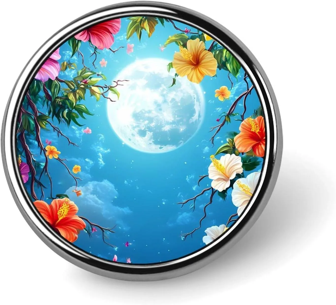 Full Moon Hibiscus Flower Pin Enamel Lapel Pins Round Badge Brooches Clothing Decoration for Women Men