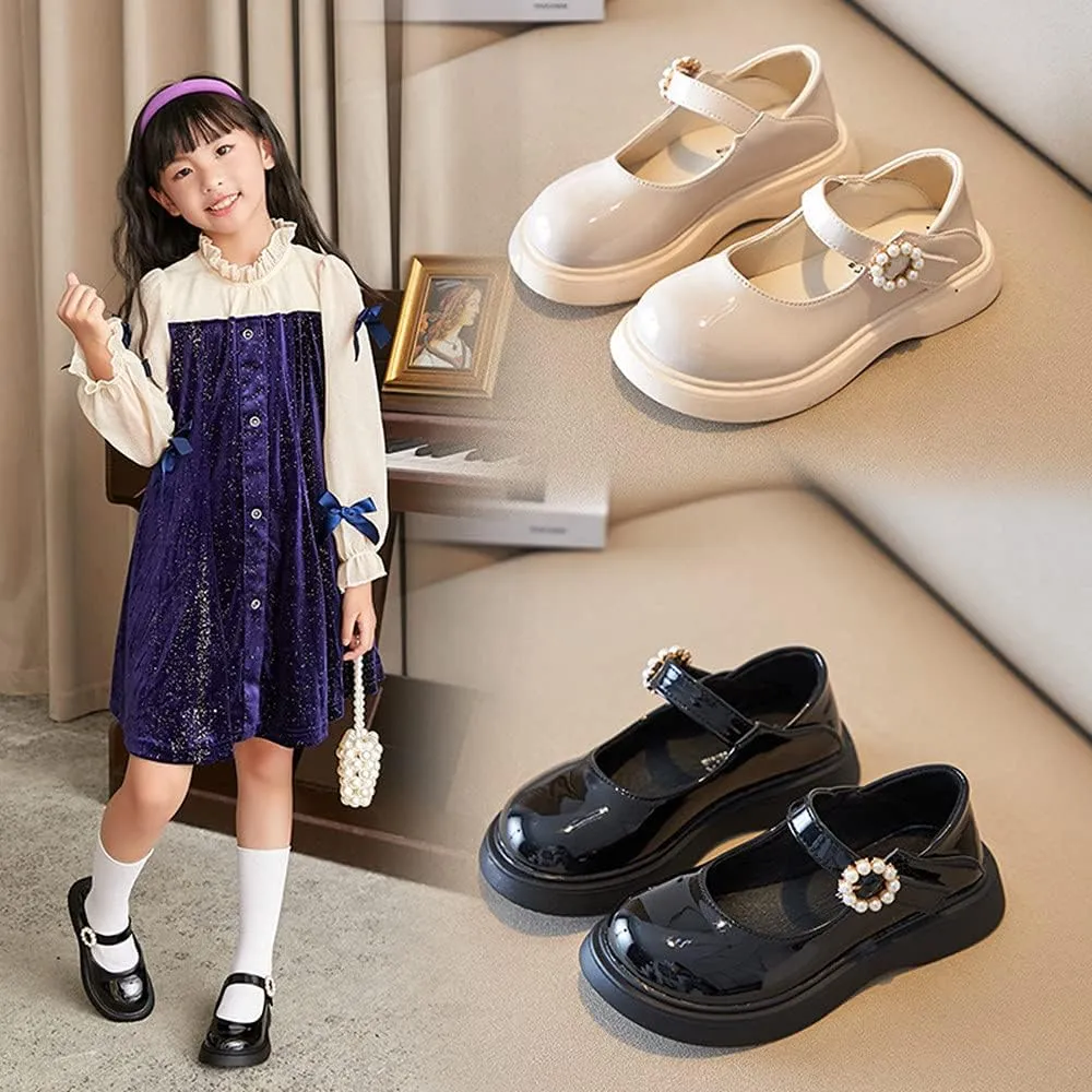 Girl's Classic Mary Jane School Uniform Shoes Flat Dress Shoes Pearl Strap Princess Dress Shoe