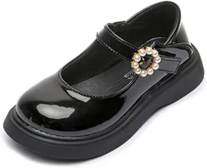 Girl's Classic Mary Jane School Uniform Shoes Flat Dress Shoes Pearl Strap Princess Dress Shoe