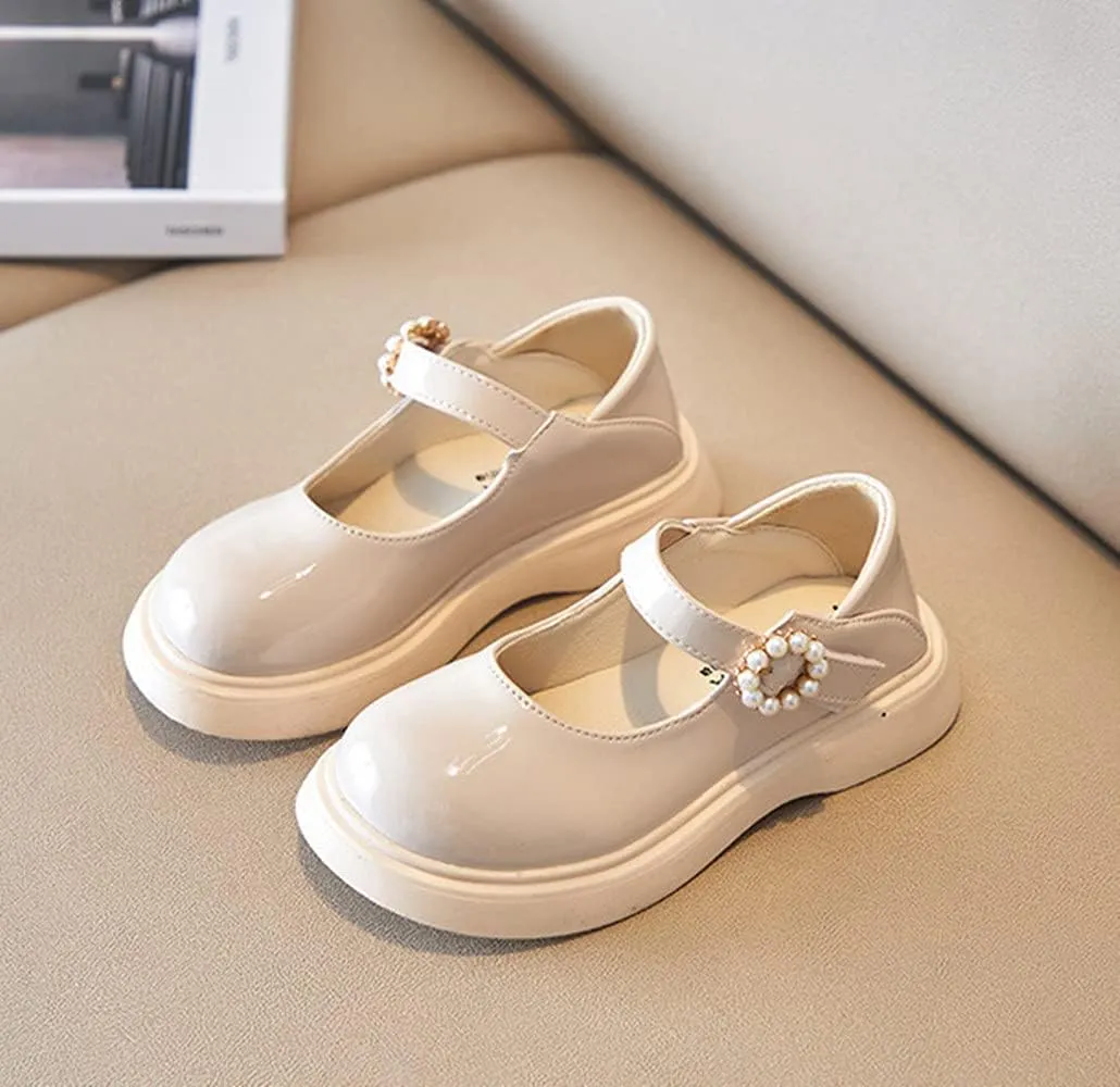 Girl's Classic Mary Jane School Uniform Shoes Flat Dress Shoes Pearl Strap Princess Dress Shoe