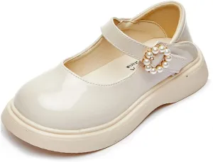 Girl's Classic Mary Jane School Uniform Shoes Flat Dress Shoes Pearl Strap Princess Dress Shoe