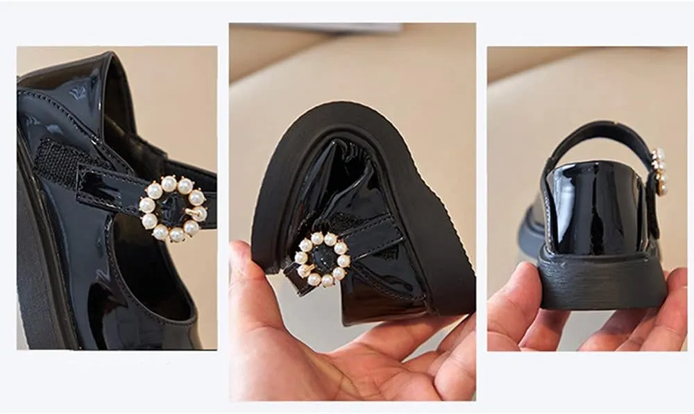 Girl's Classic Mary Jane School Uniform Shoes Flat Dress Shoes Pearl Strap Princess Dress Shoe