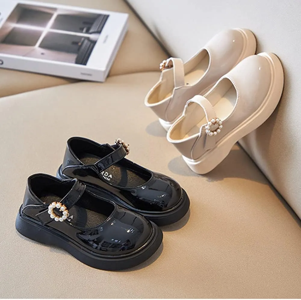 Girl's Classic Mary Jane School Uniform Shoes Flat Dress Shoes Pearl Strap Princess Dress Shoe