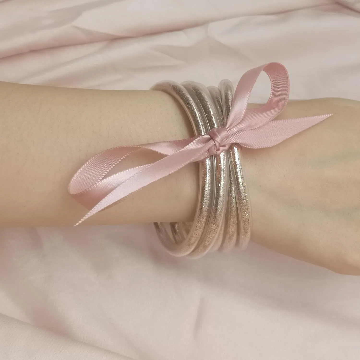 Glitter Jelly Bangles Bracelets Set - Lightweight Sparkling Silicone Bowknot Bangle Bracelets, Buddha Bangles Stacking Jewelry