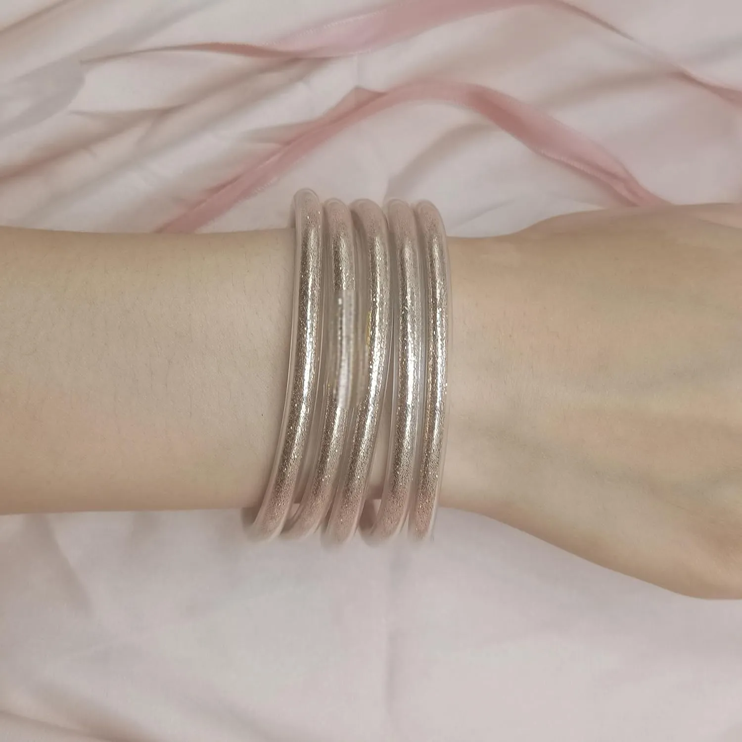 Glitter Jelly Bangles Bracelets Set - Lightweight Sparkling Silicone Bowknot Bangle Bracelets, Buddha Bangles Stacking Jewelry