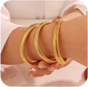 Gold Bangles Bracelets for Women Chunky Stretch Bangles Bracelets Set 18K Gold Plated Flexible Wide Wristband Stainless Steel Link Chain Cuff Bracelets Trendy Jewelry Gift Set of 4