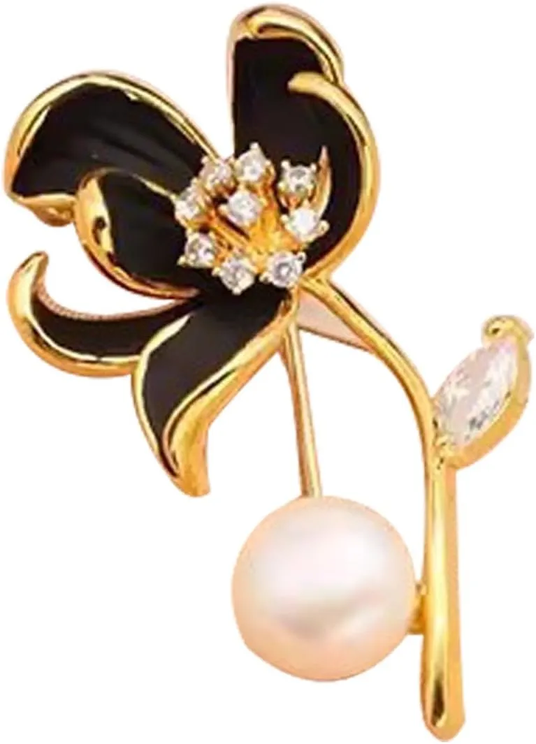 Gold Enamel Lotus Flower Crystal Brooches Pins Fashion Beautiful Created Rhinestone Pearl Floral Brooch Good Idea for Party Dance Wedding Banquet for Elegant Women Girl