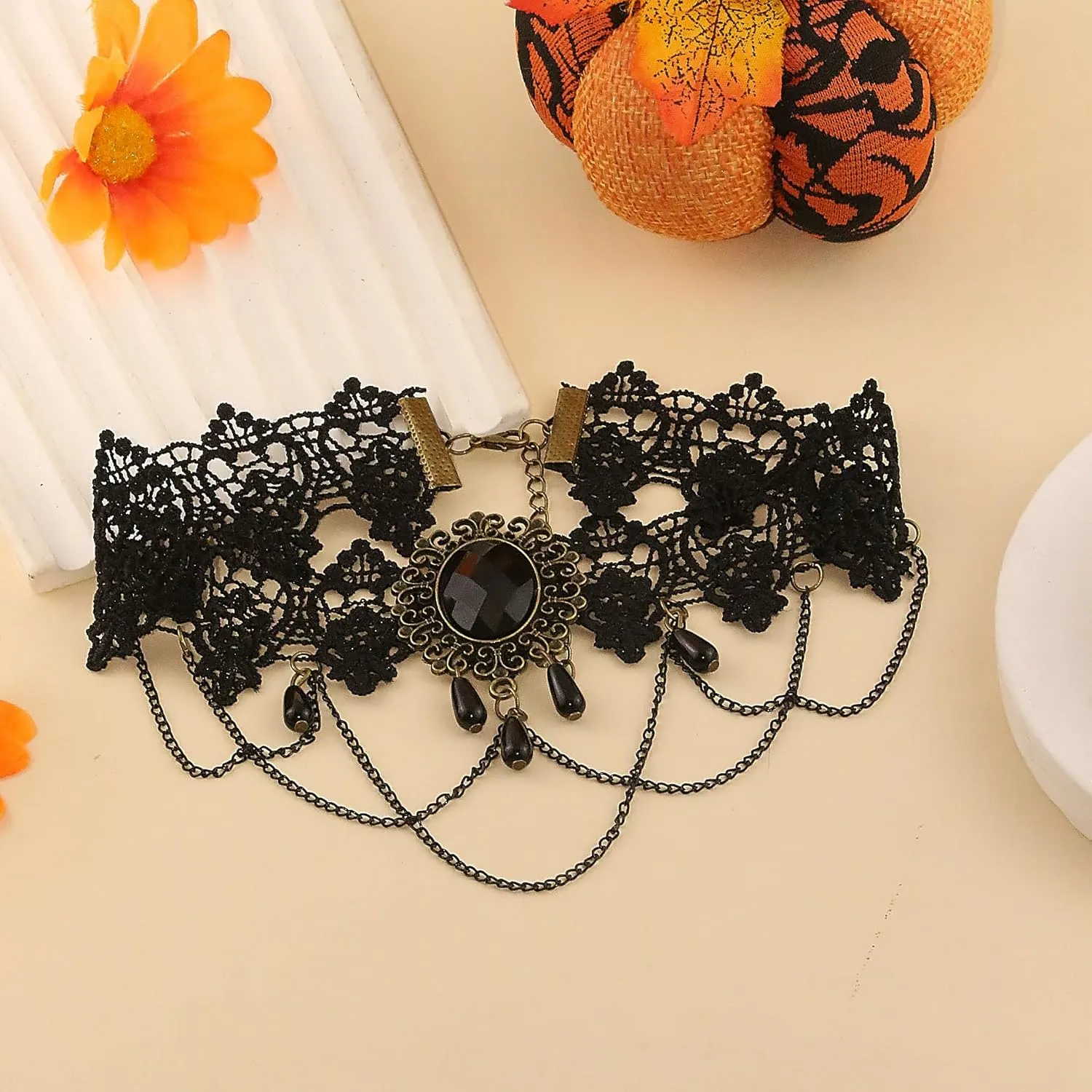 Gothic Victorian Style Vampire Choker Necklace for Women Black Crystal Tassel Lace Collar Necklace Halloween Punk Black Sexy Lace Necklace Halloween Cavewoman Costume