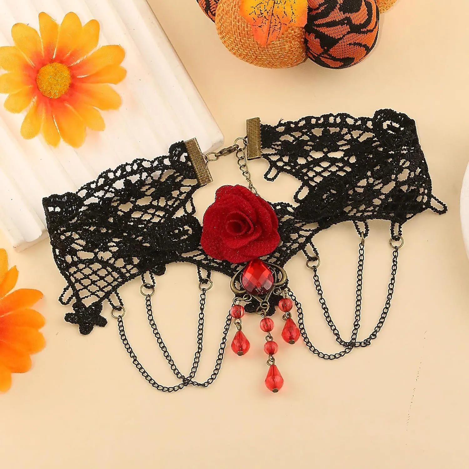 Gothic Victorian Style Vampire Choker Necklace for Women Black Crystal Tassel Lace Collar Necklace Halloween Punk Black Sexy Lace Necklace Halloween Cavewoman Costume