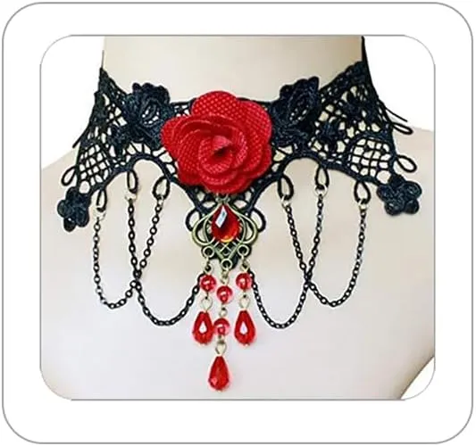 Gothic Victorian Style Vampire Choker Necklace for Women Black Crystal Tassel Lace Collar Necklace Halloween Punk Black Sexy Lace Necklace Halloween Cavewoman Costume