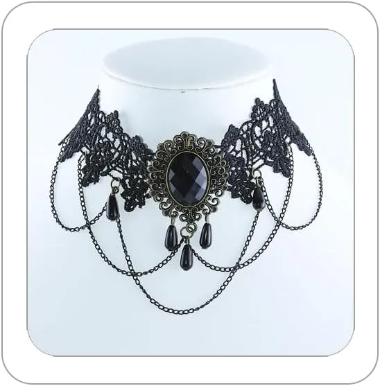 Gothic Victorian Style Vampire Choker Necklace for Women Black Crystal Tassel Lace Collar Necklace Halloween Punk Black Sexy Lace Necklace Halloween Cavewoman Costume