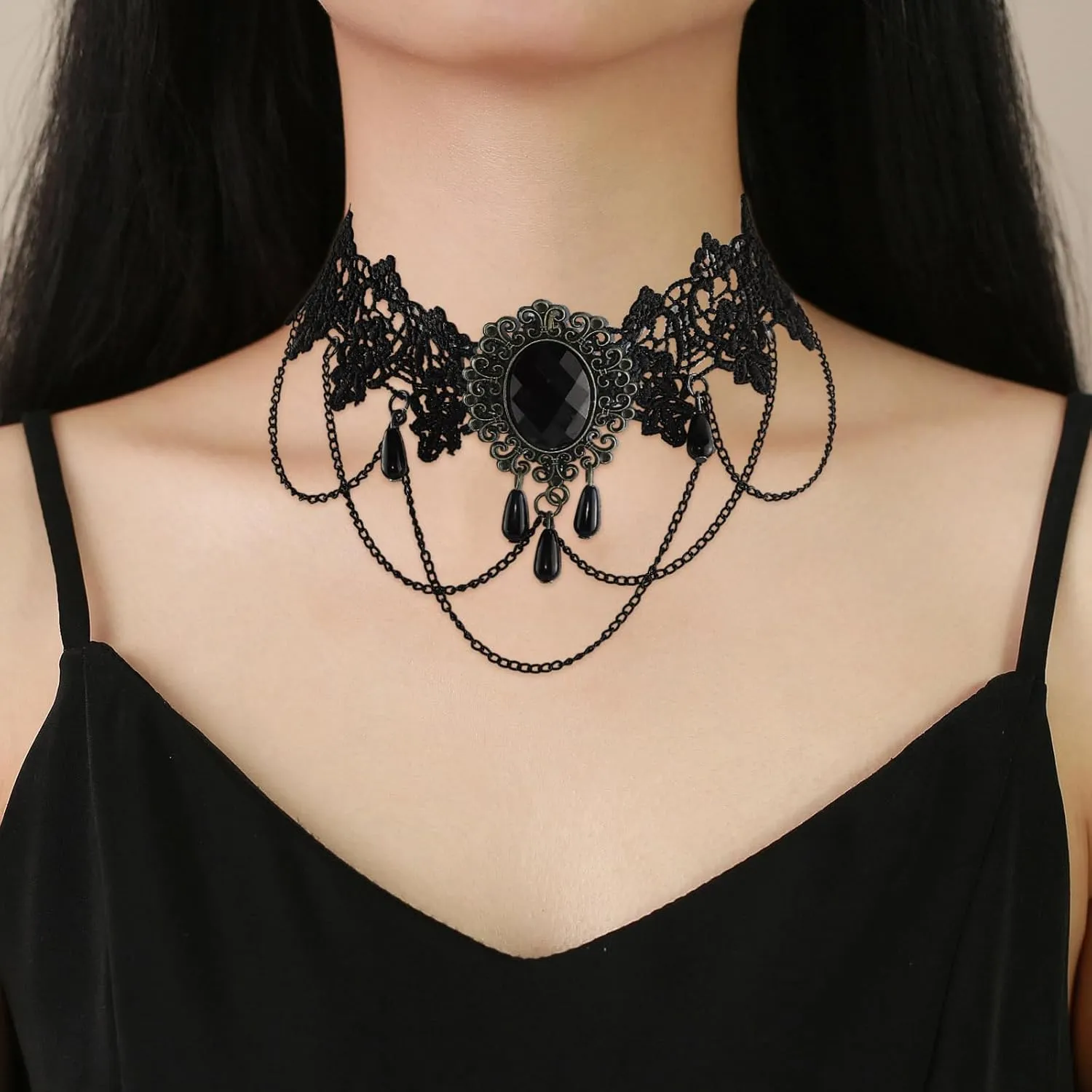 Gothic Victorian Style Vampire Choker Necklace for Women Black Crystal Tassel Lace Collar Necklace Halloween Punk Black Sexy Lace Necklace Halloween Cavewoman Costume