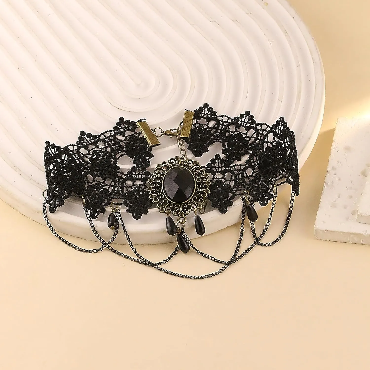 Gothic Victorian Style Vampire Choker Necklace for Women Black Crystal Tassel Lace Collar Necklace Halloween Punk Black Sexy Lace Necklace Halloween Cavewoman Costume