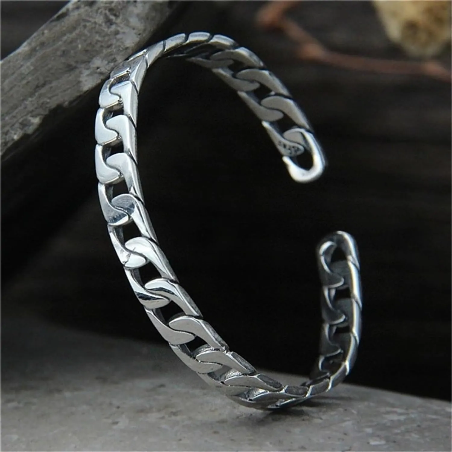 Handmade 925 Sterling Silver Bangle Bracelets For Women Men Square Chain Link Bangle Bracelets Hollow Wide Cuff Bangles Open Adjustable Bangle Bracelets For Men Minimalist Punk Statement Bangles Gifts