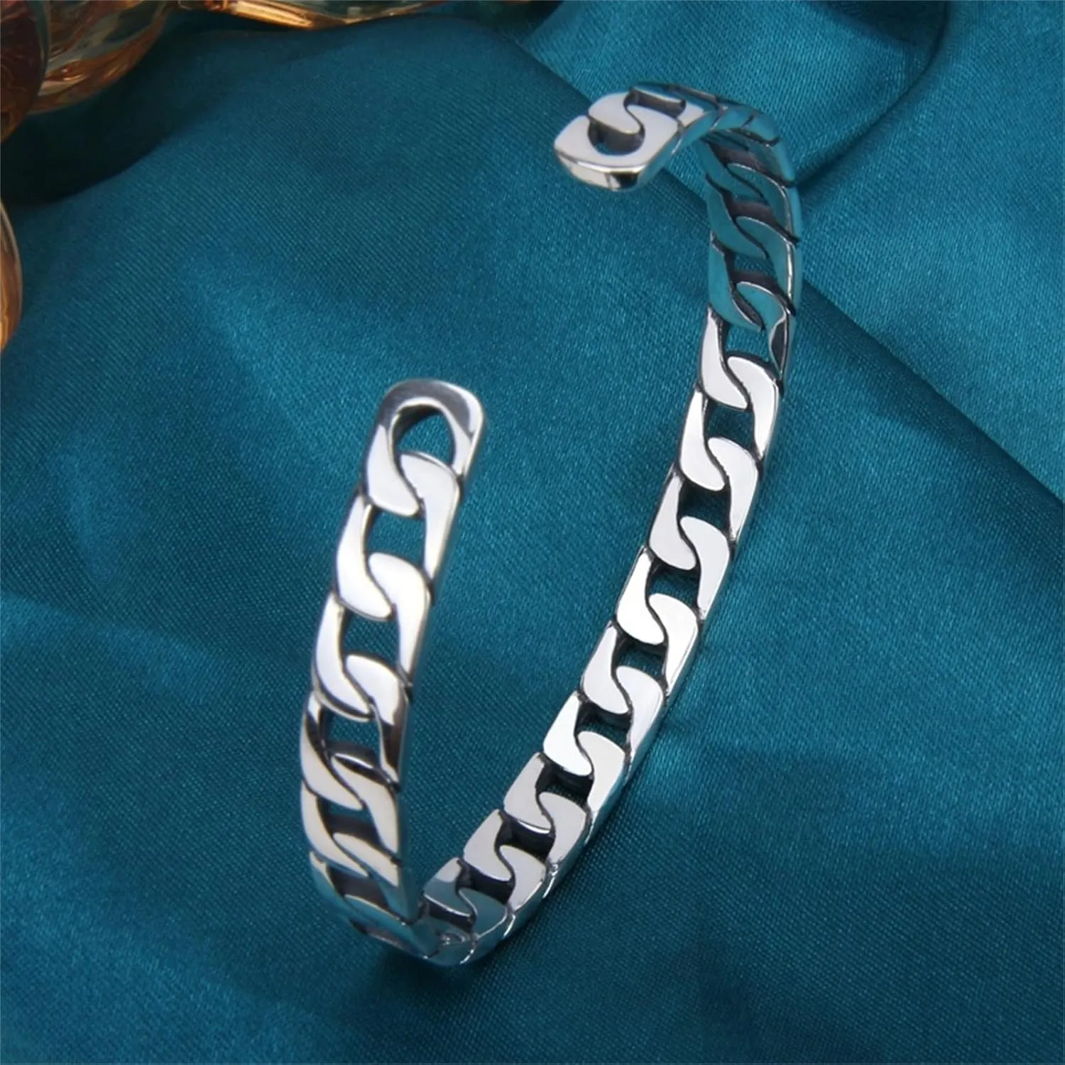 Handmade 925 Sterling Silver Bangle Bracelets For Women Men Square Chain Link Bangle Bracelets Hollow Wide Cuff Bangles Open Adjustable Bangle Bracelets For Men Minimalist Punk Statement Bangles Gifts
