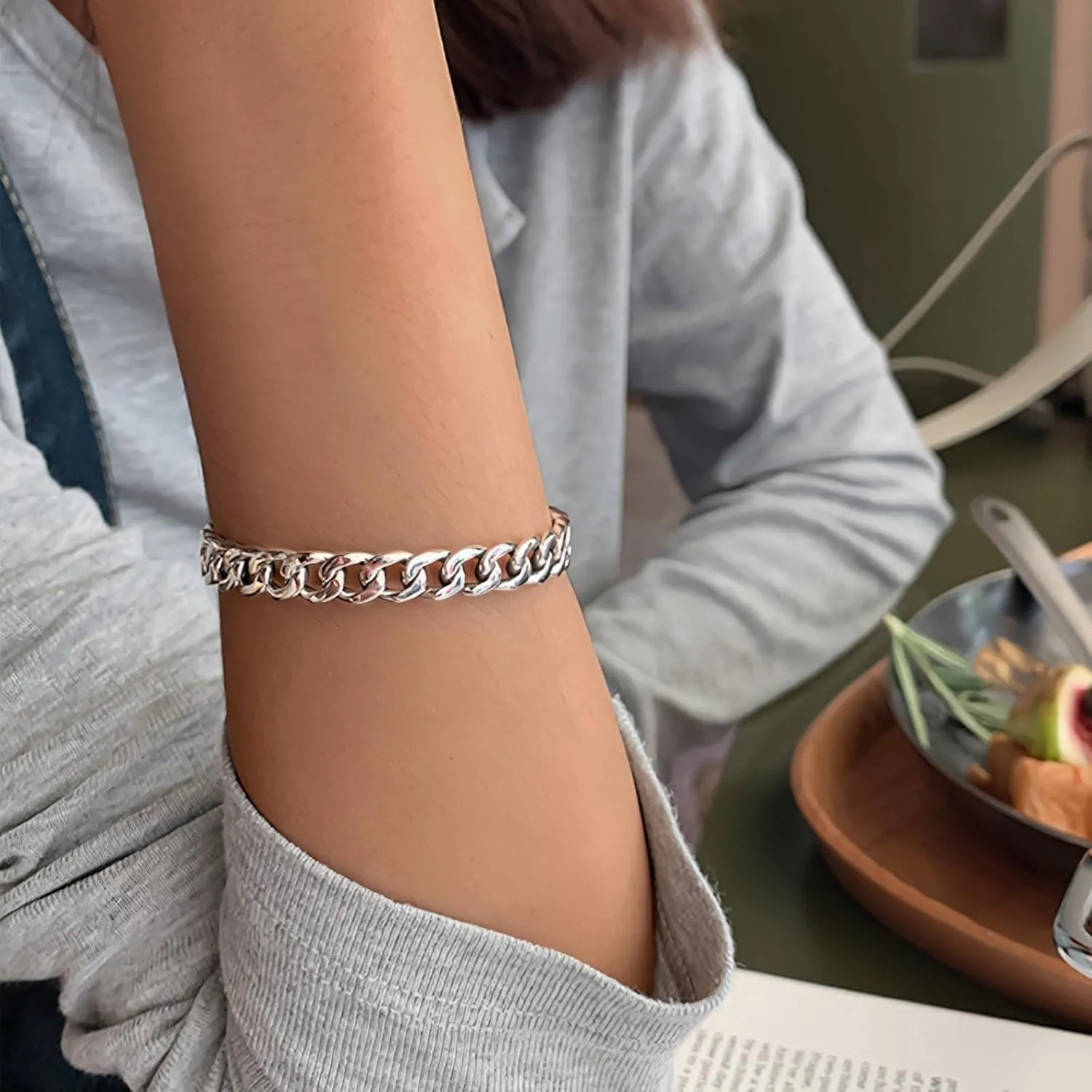 Handmade 925 Sterling Silver Bangle Bracelets For Women Men Square Chain Link Bangle Bracelets Hollow Wide Cuff Bangles Open Adjustable Bangle Bracelets For Men Minimalist Punk Statement Bangles Gifts
