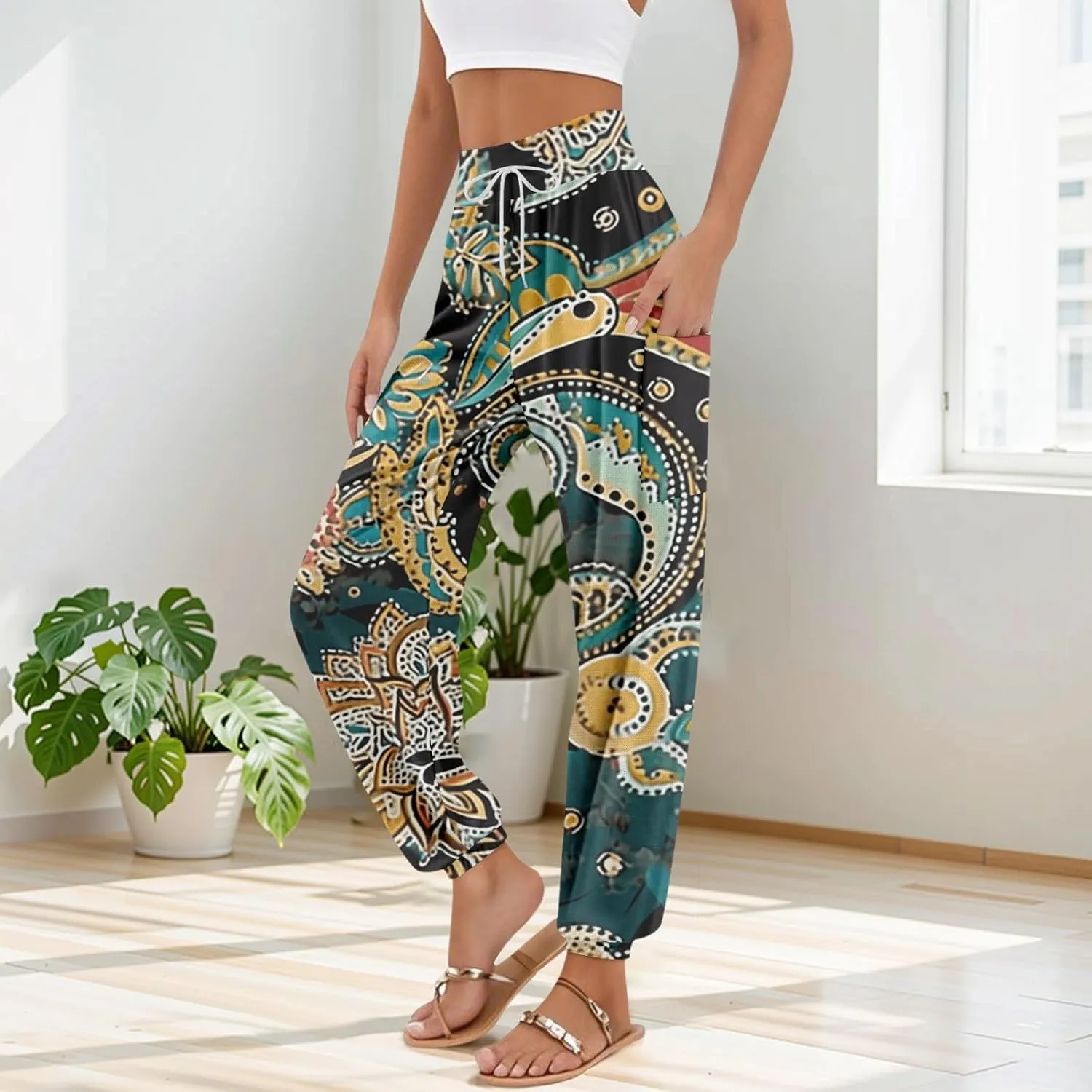 Harem Pants Women Plus Size High Waist Beach Hippie Yoga Summer Pants Trendy Straight Leg with Pockets Elegant Trousers